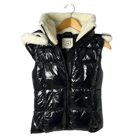 S13 Annie Faux Shearling Trim Puffer Vest Black Size Small - Picture 3 of 10